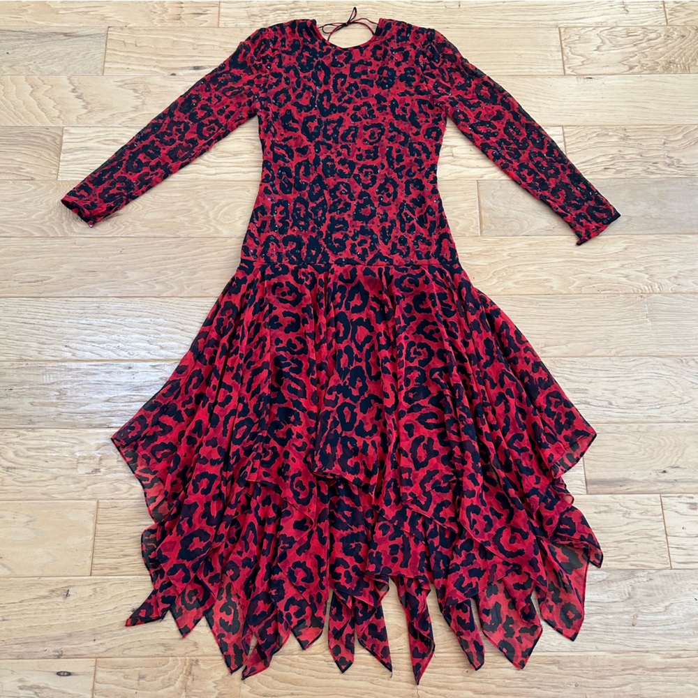 Vintage A.J. Bari Salsa Cocktail Dress Red with Black Leopard Animal Print USA